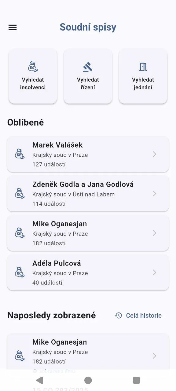 Soudní spisy ukázka rozhraní